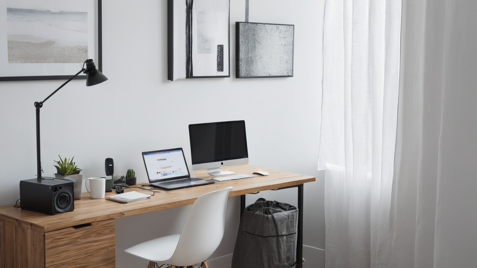 Small clean-room workspace with laptop, purifier, closed curtains, and sealed room edges