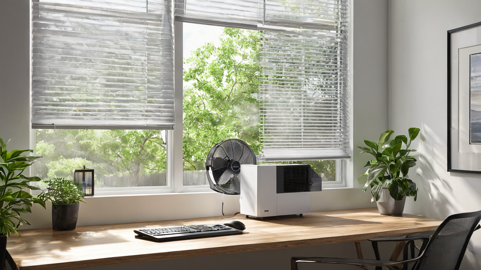 Post-smoke home office reset with controlled window fan and organized desk
