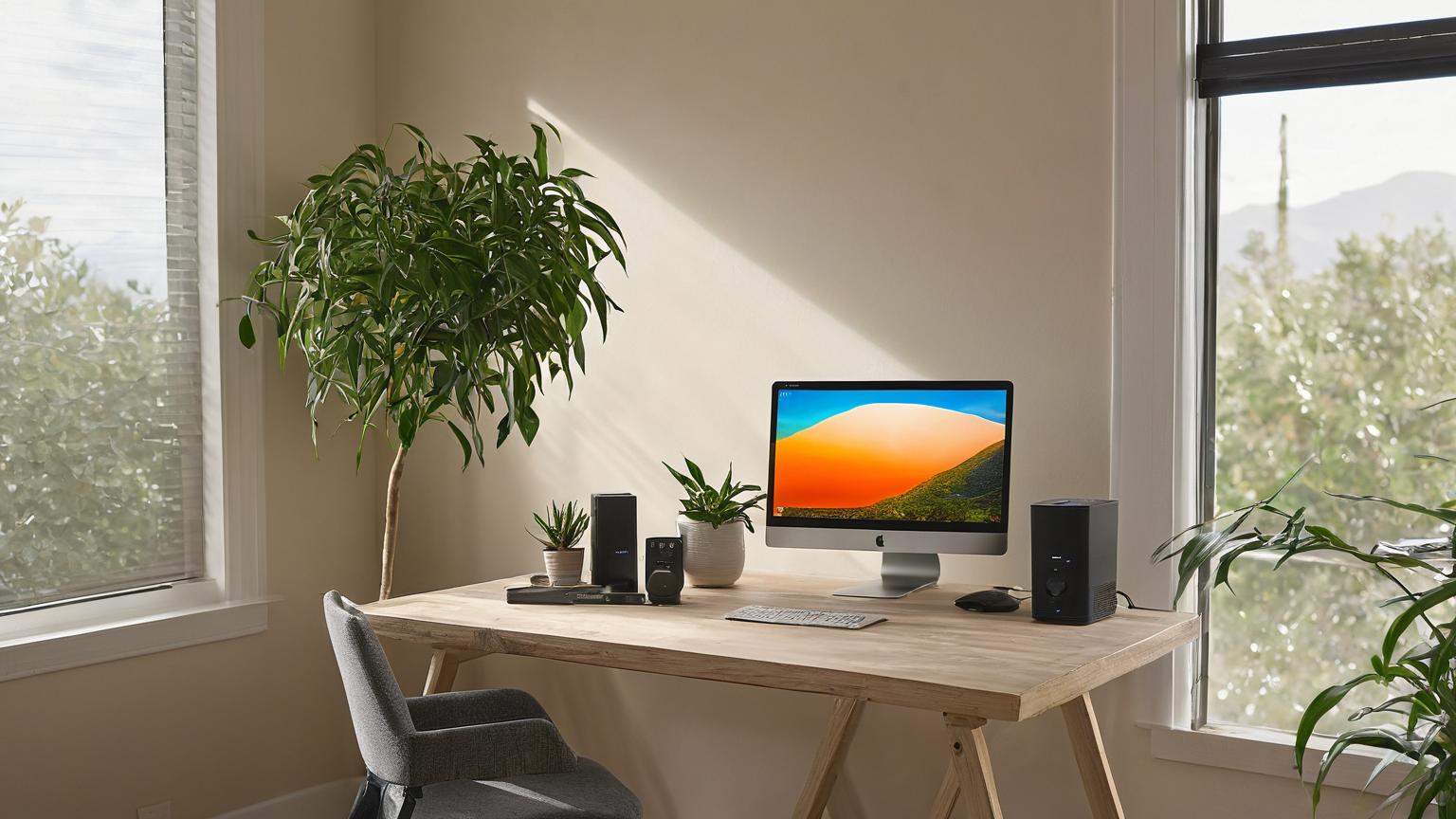 Closed-window home office prepared for a wildfire smoke remote workday