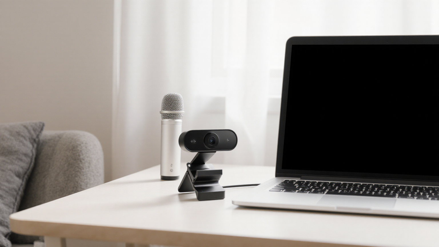 Unbranded webcam and desktop microphone beside a laptop with a blank black screen