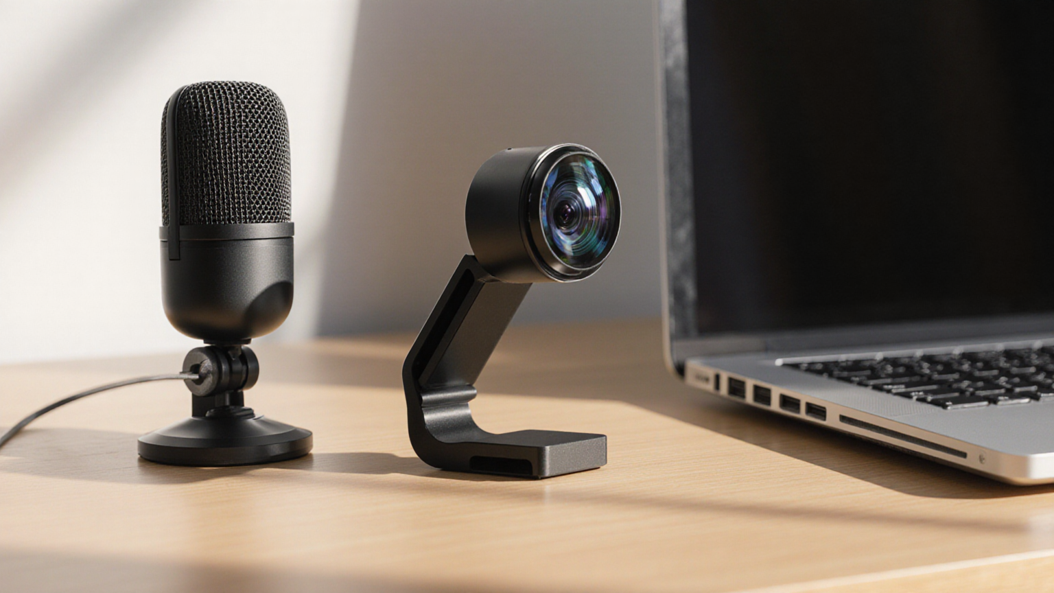 Generic tripod webcam and desktop microphone beside a blank-screen laptop