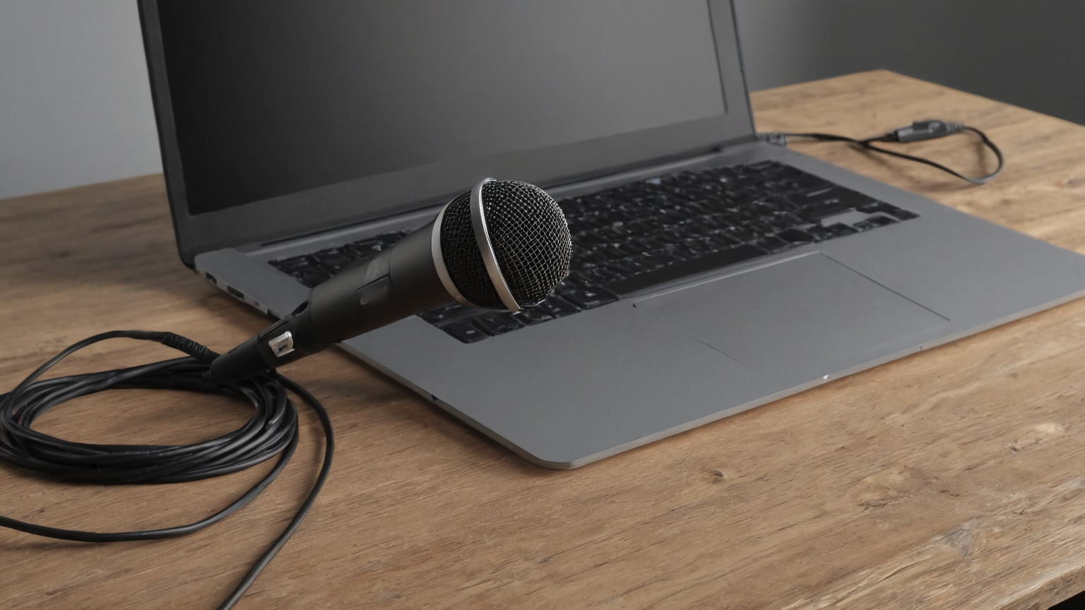 Wired handheld microphone resting on an unbranded laptop with a dark screen